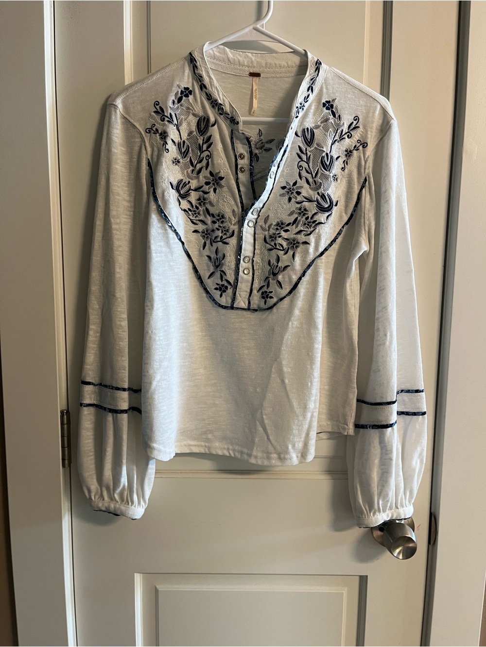 Free People White Henley Top with Navy Floral Embroidery